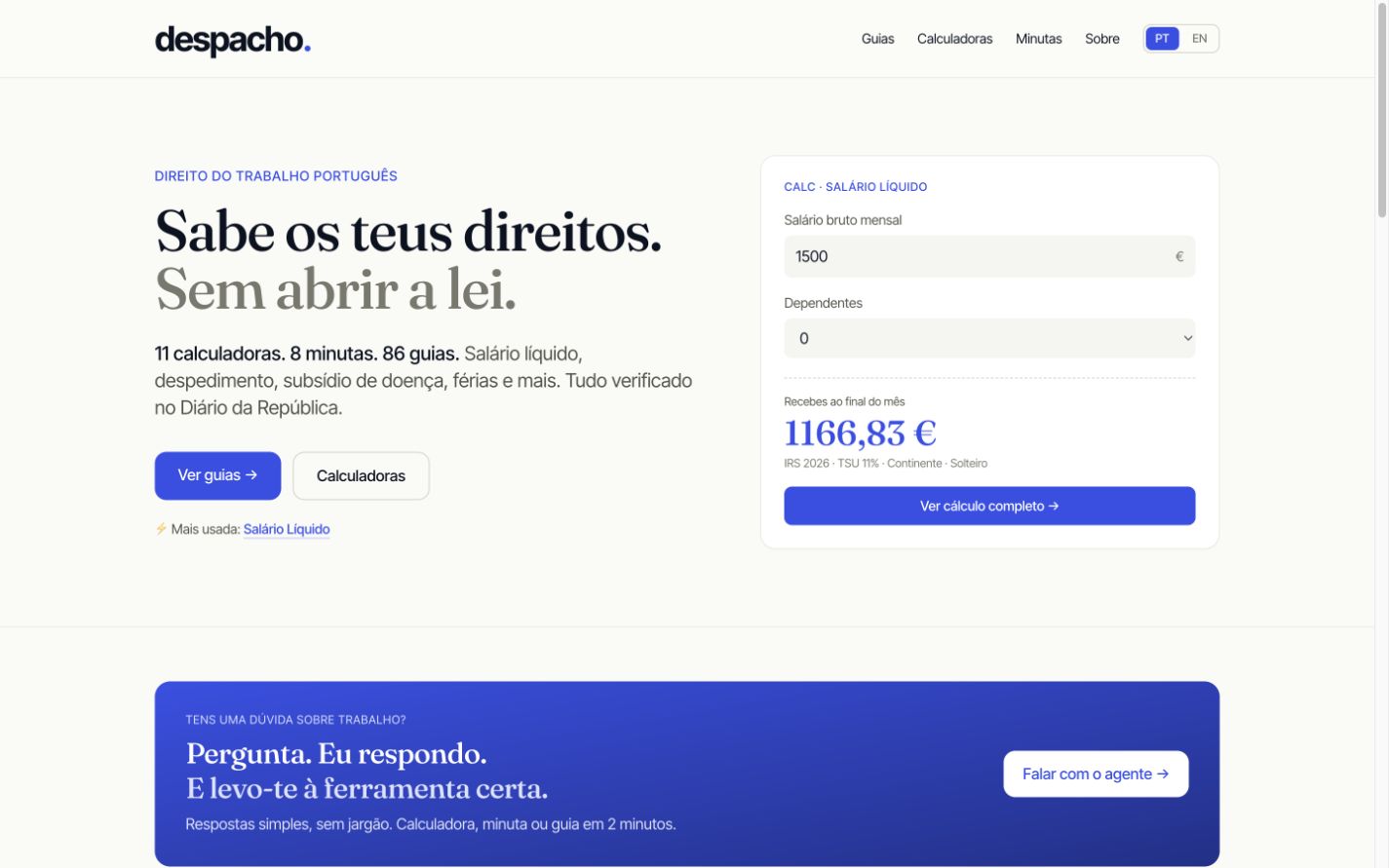 Homepage do Despacho.pt com calculadora de salário líquido